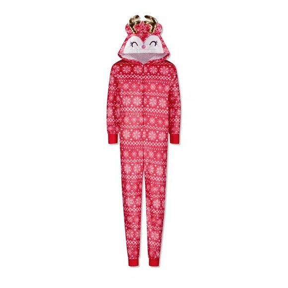 Max and Olivia Reindeer Union Suit Girls Size 6/6X Zip Up One Piece Snowflakes - Picture 1 of 3